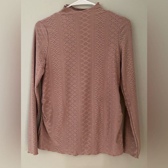 Maternity Medium Mock Neck Lettuce Trim Pointelle Knit Shirt Long Sleeve Shirts - Picture 7 of 9